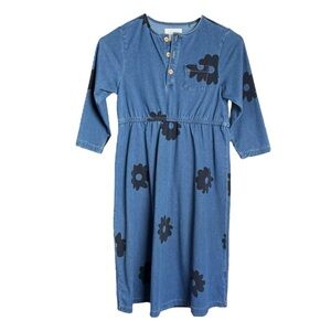 Sugar Moon Blue Denim Floral Motif Knee Length Dress 3/4 Sleeves Girls 12